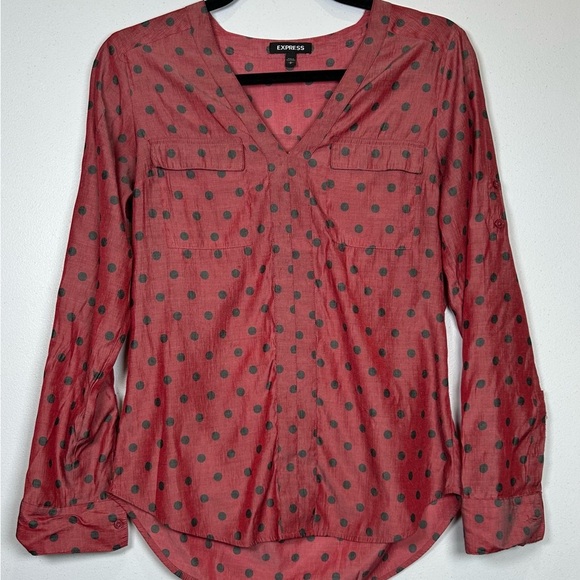 Express Brick Red Sheer Blouse w/ Gray Polka Dots. Buttoned Relaxed Blouse. - Picture 2 of 9